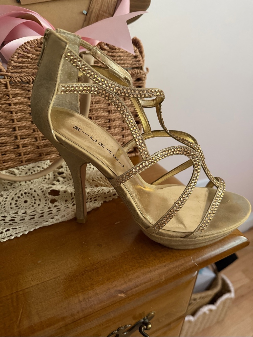 Gold Rhinestone Strappy High Heel Sandals - Women